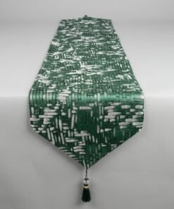 Brick Mosaic Textured Jacquard Table Runner Emerald Green and Silver White