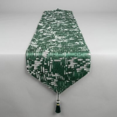 Brick Mosaic Textured Jacquard Table Runner Emerald Green and Silver White