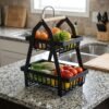 2 Tier Large Metal Wire Storage Organizer Stand with Wood Handle