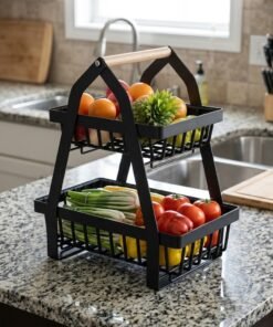 2 Tier Large Metal Wire Storage Organizer Stand with Wood Handle