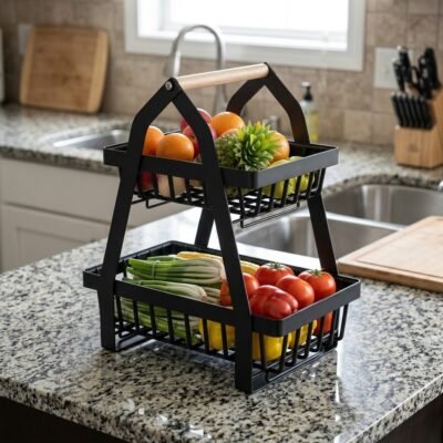 2 Tier Large Metal Wire Storage Organizer Stand with Wood Handle