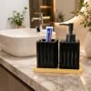 Modern Fluted Ceramic Bathroom Accessories Set with Soap Dispenser and Bamboo Tray Glossy Jet Black Fluted Ceramic Bathroom Accessories Set with Soap Dispenser