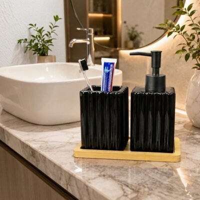 Fluted Ceramic Bathroom Accessories Set with Soap Dispenser