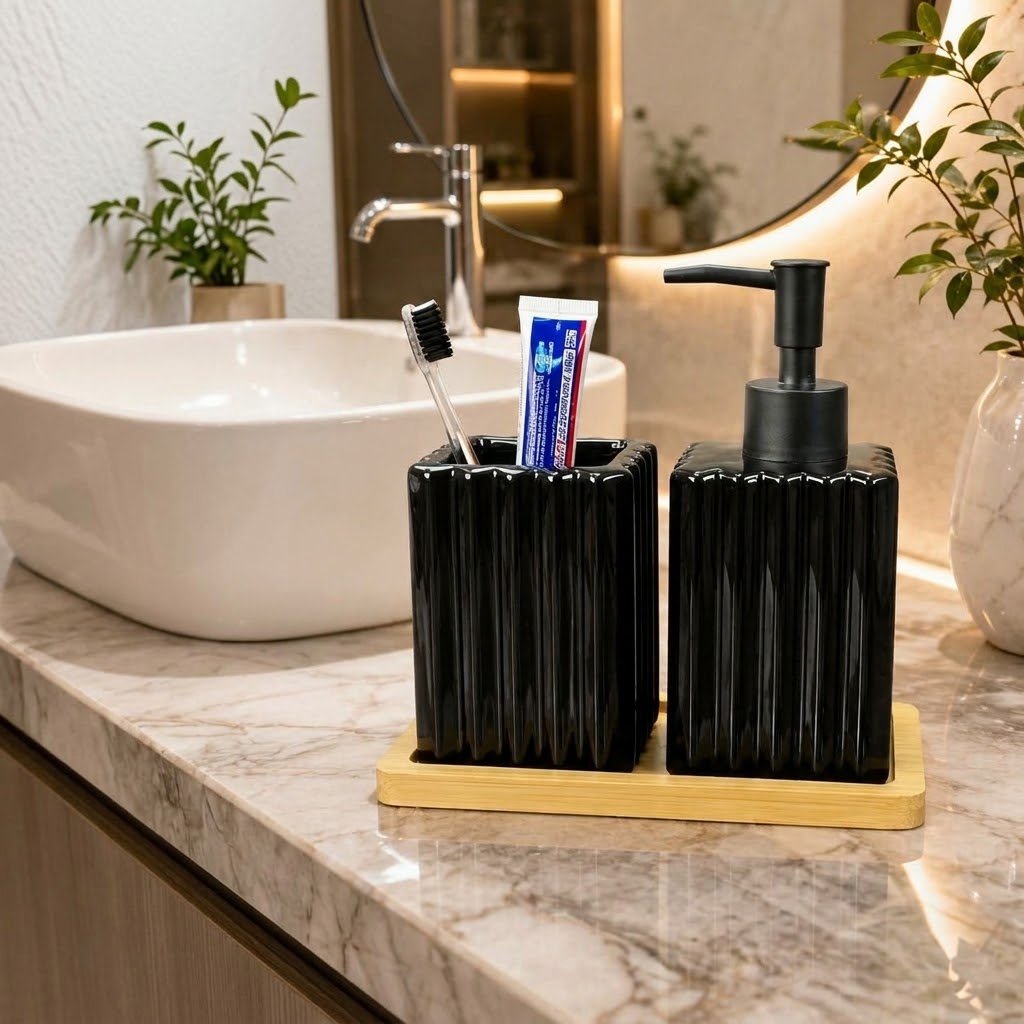 Fluted Ceramic Bathroom Accessories Set with Soap Dispenser Fluted Ceramic Bathroom Accessories Set with Soap Dispenser