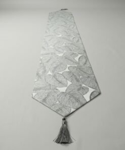 Luxury Botanical Leaf Jacquard Table Runner Silver Grey & Off-White