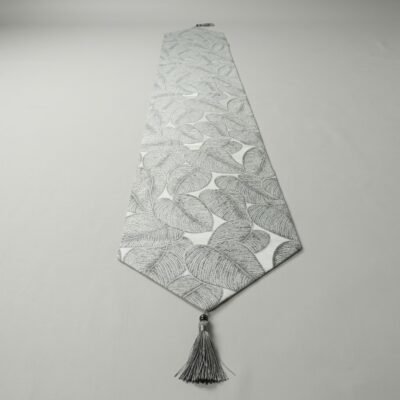Luxury Botanical Leaf Jacquard Table Runner Silver Grey & Off-White