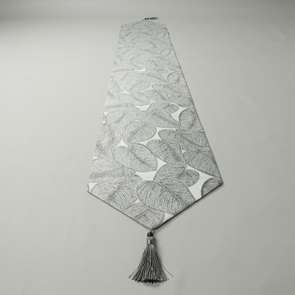 Luxury Botanical Leaf Jacquard Table Runner Silver Grey & Off-White Luxury Botanical Leaf Jacquard Table Runner Silver Grey & Off-White