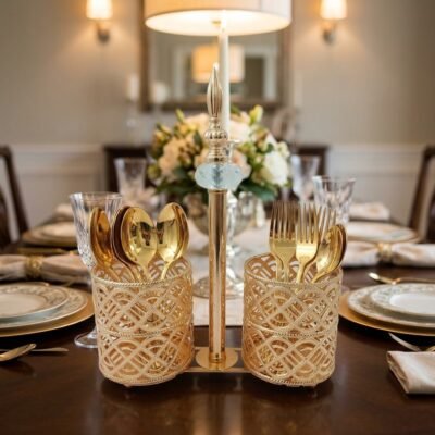 Luxury Dual Cup Golden Cutlery and Spoon Holder Stand