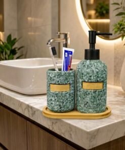 Vintage Terrazzo Mosaic Ceramic Bathroom Accessories Set with Soap Dispenser and Bamboo Tray