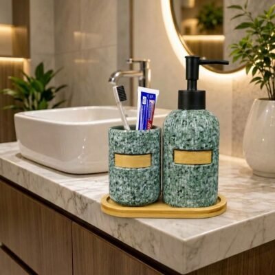 Vintage Terrazzo Mosaic Ceramic Bathroom Accessories Set with Soap Dispenser and Bamboo Tray