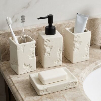 Modern Ceramic Wave Texture 4Piece Bathroom Accessories Set with Soap Dispenser Matte Off-White Modern Ceramic Stone Texture 4Piece Bathroom