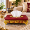 Premium Wooden Tissue Box with Elevated Gold Greek Key Stand & Legs Wooden Tissue Box with Elevated Gold Greek Key Stand