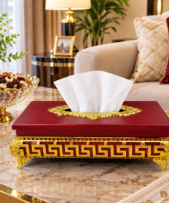 Wooden Tissue Box with Elevated Gold Greek Key Stand