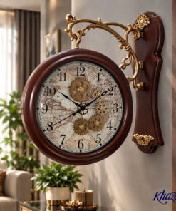 Vintage Double Sided Station Wall Clock Antique World Map Dial with Exposed Gear Design