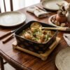 Luxury Matte Black Ceramic Square Serving Bowl with Natural Wooden Base