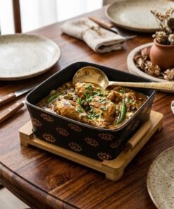 Luxury Matte Black Ceramic Square Serving Bowl with Natural Wooden Base