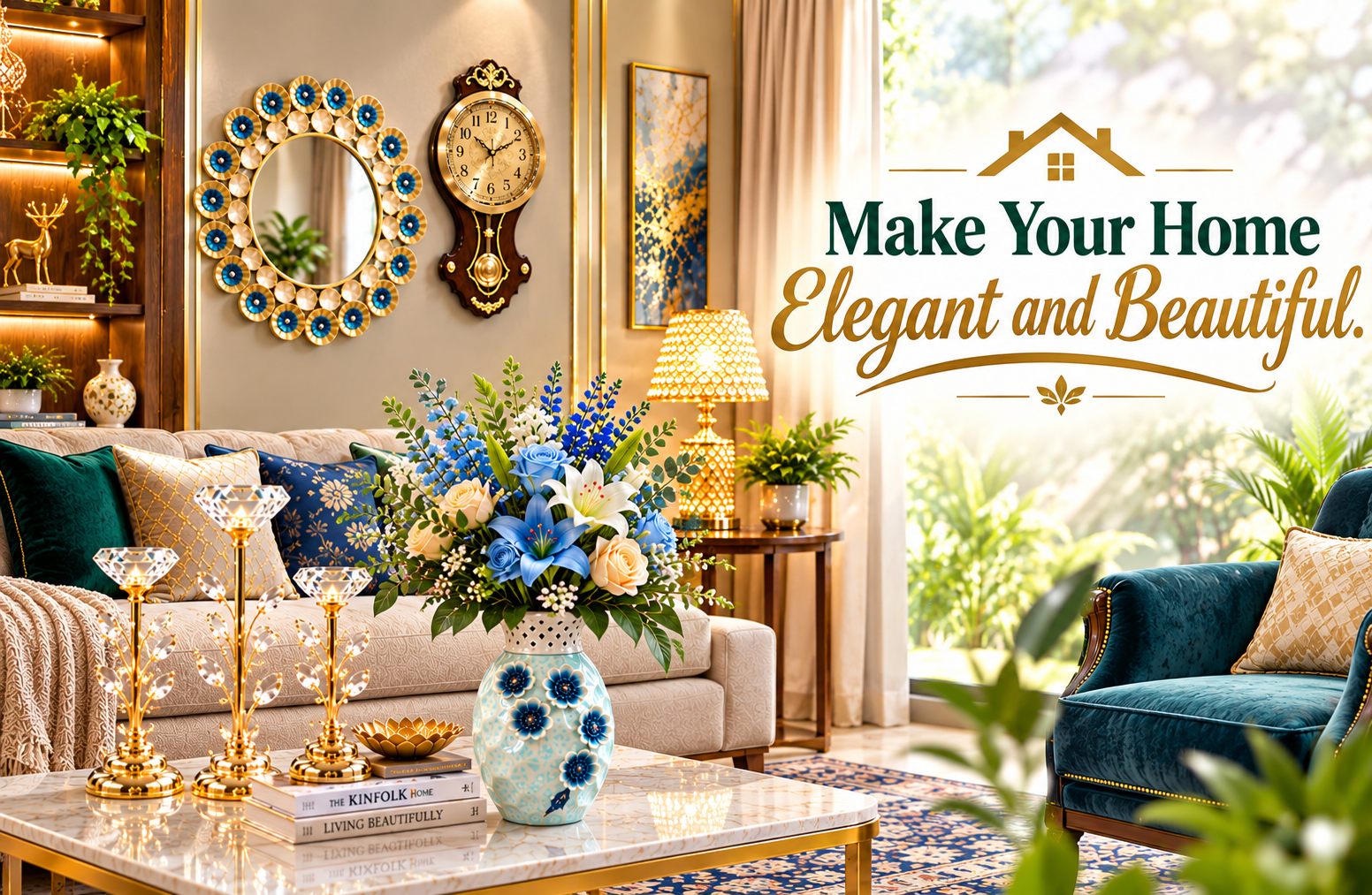 elegant teal and gold living room